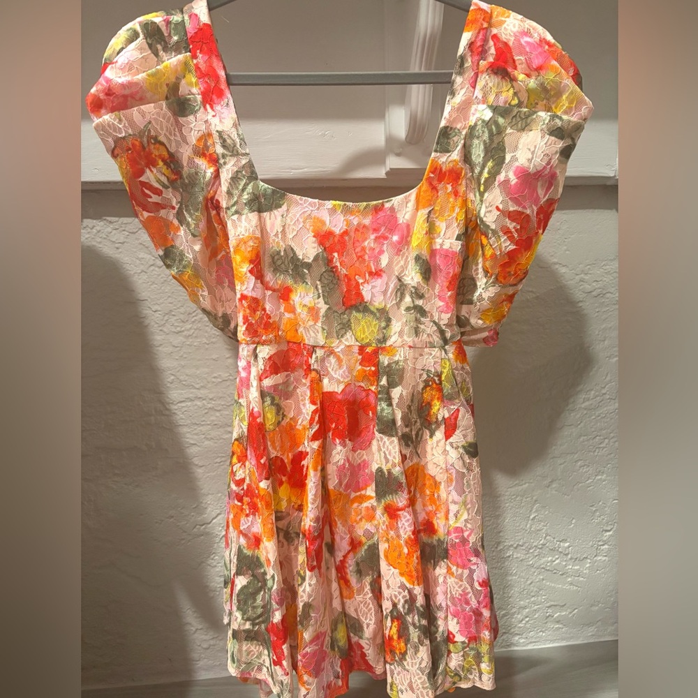 For Love & Lemons Floral Mini Dress in Pink, Orange, Yellow, Green